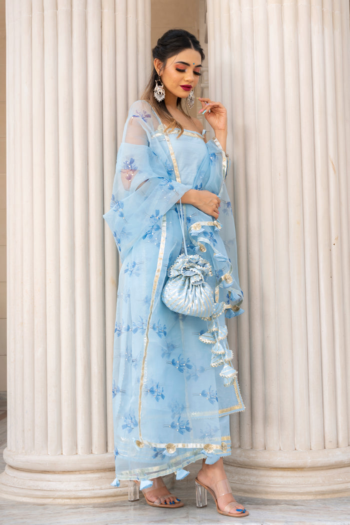 Powder Blue Silk Blend Salwar Set With Floral Organza Dupatta