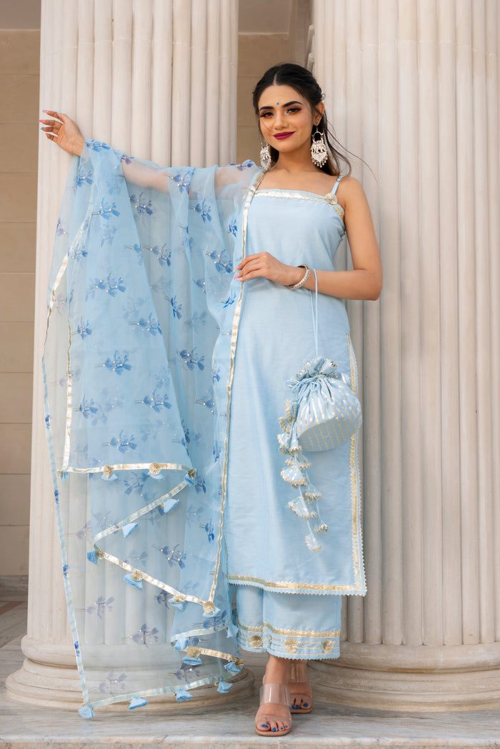 Powder Blue Silk Blend Salwar Set With Floral Organza Dupatta