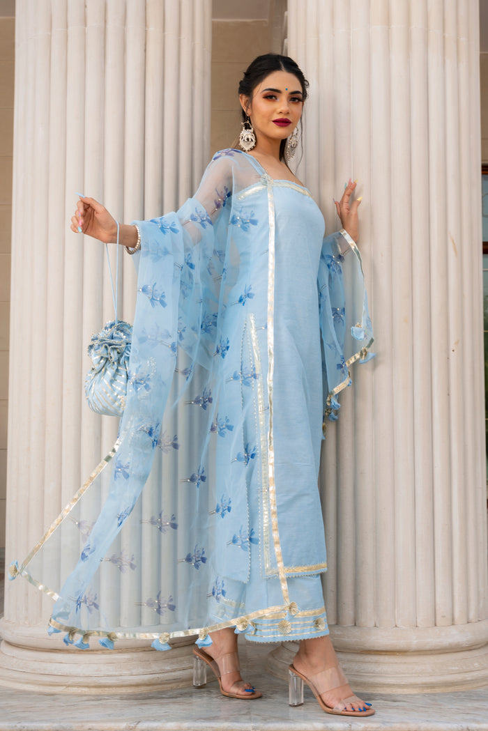 Powder Blue Silk Blend Salwar Set With Floral Organza Dupatta