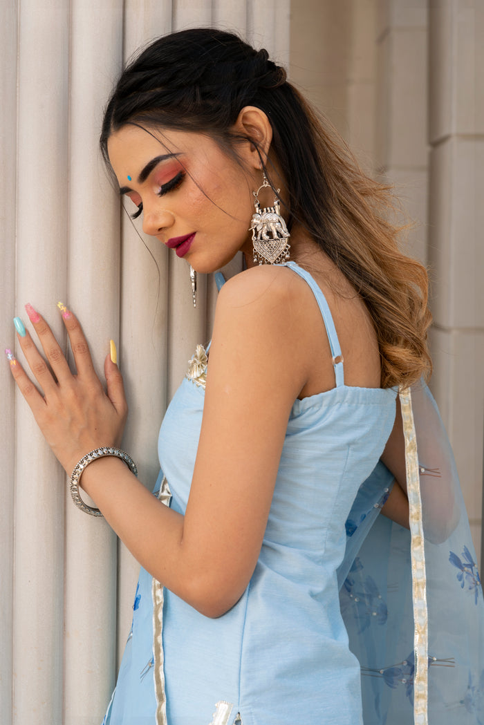 Powder Blue Silk Blend Salwar Set With Floral Organza Dupatta