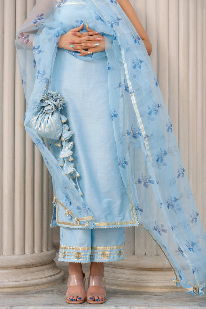 Powder Blue Silk Blend Salwar Set With Floral Organza Dupatta