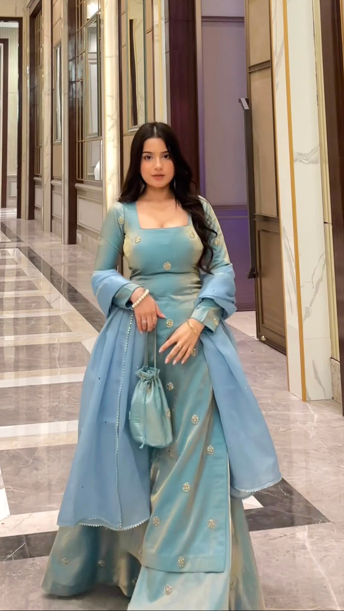 Powder Blue Silk Sharara Set With Gold Motifs
