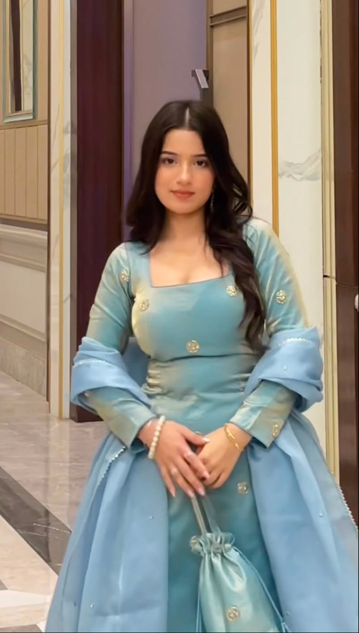 Powder Blue Silk Sharara Set With Gold Motifs