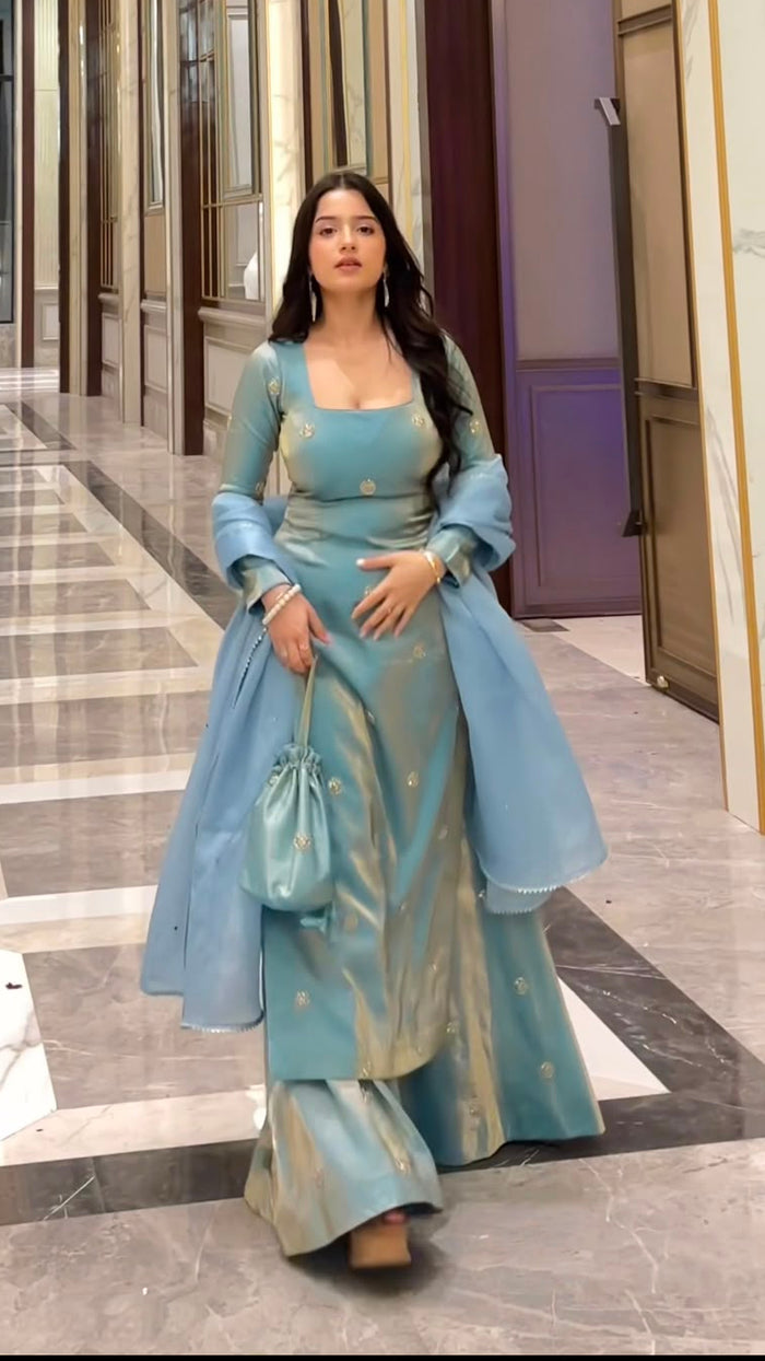 Powder Blue Silk Sharara Set With Gold Motifs