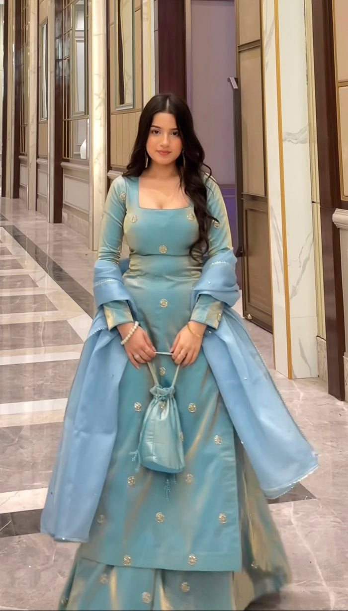 Powder Blue Silk Sharara Set With Gold Motifs