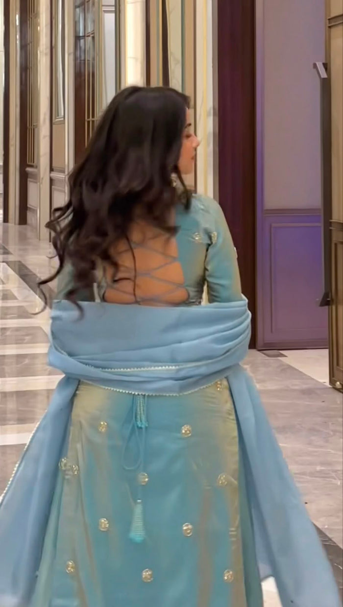 Powder Blue Silk Sharara Set With Gold Motifs