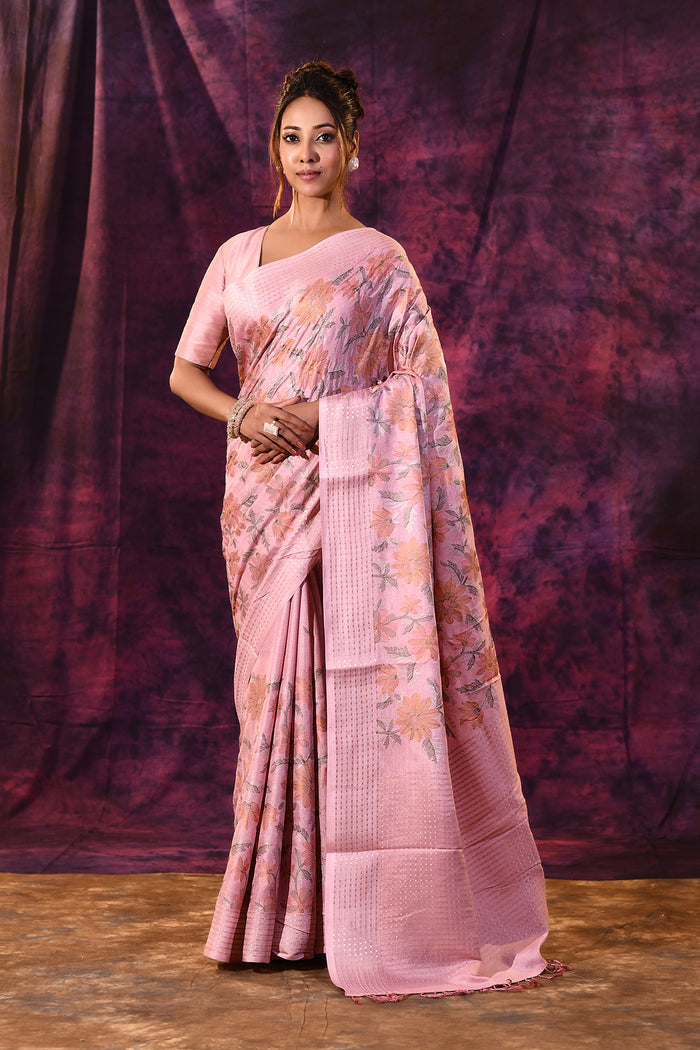 Powder Pink With Floral Embroidery And Sequin Work Tissue Silk Saree