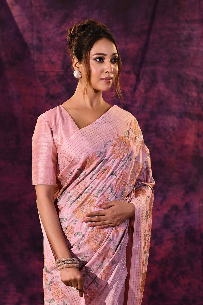 Powder Pink With Floral Embroidery And Sequin Work Tissue Silk Saree
