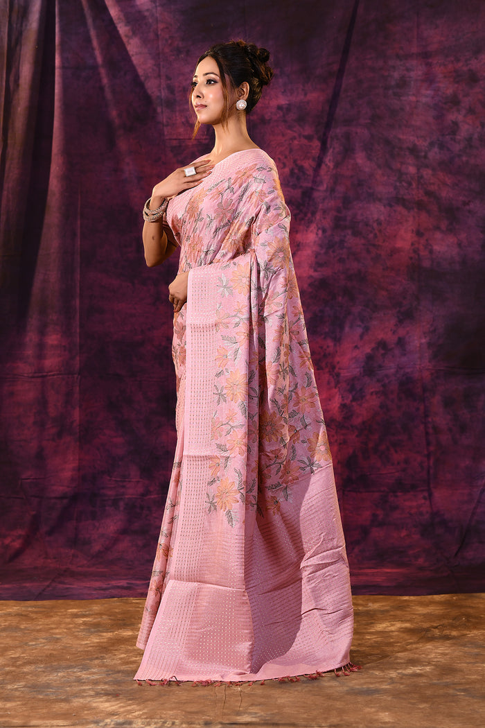 Powder Pink With Floral Embroidery And Sequin Work Tissue Silk Saree
