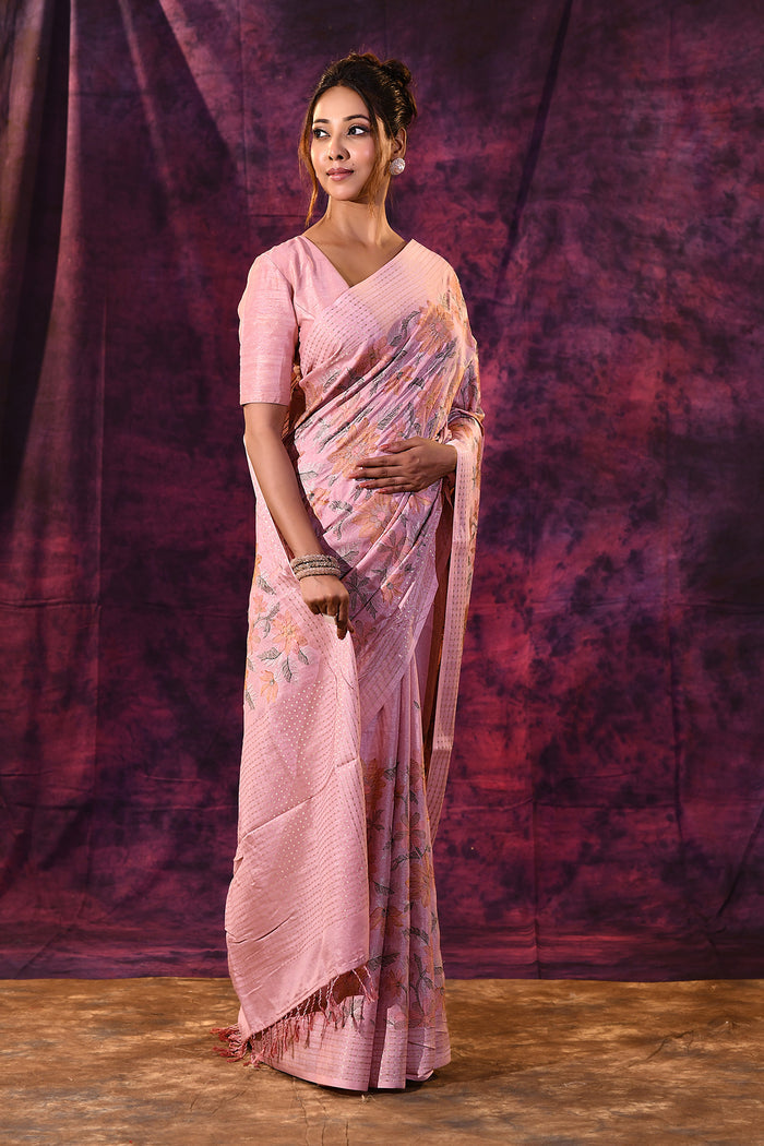 Powder Pink With Floral Embroidery And Sequin Work Tissue Silk Saree