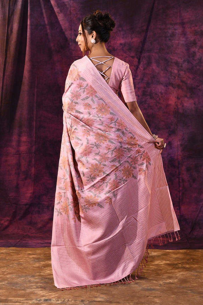 Powder Pink With Floral Embroidery And Sequin Work Tissue Silk Saree