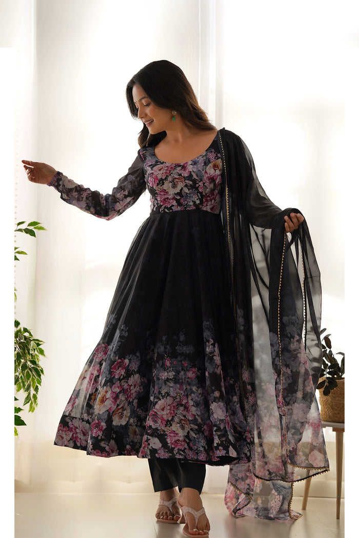 Powdered Black Organza Floral Printed Anarkali Set