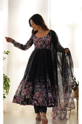 Powdered Black Organza Floral Printed Anarkali Set