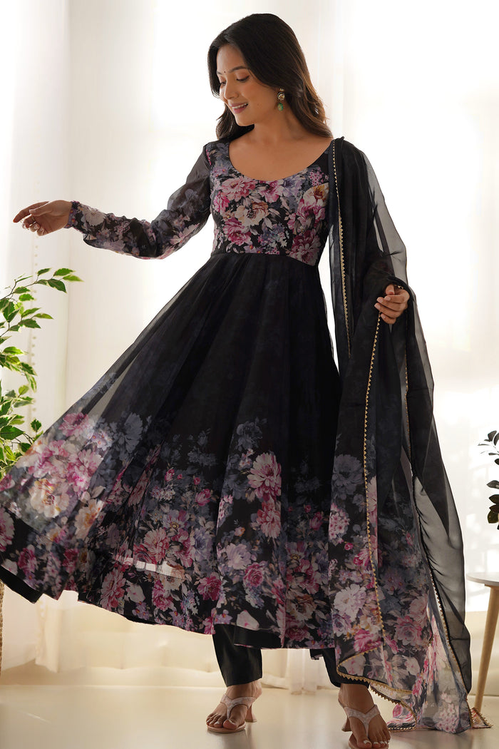 Powdered Black Organza Floral Printed Anarkali Set
