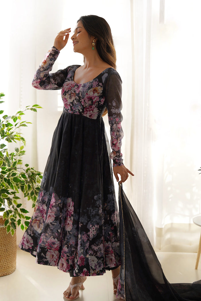 Powdered Black Organza Floral Printed Anarkali Set