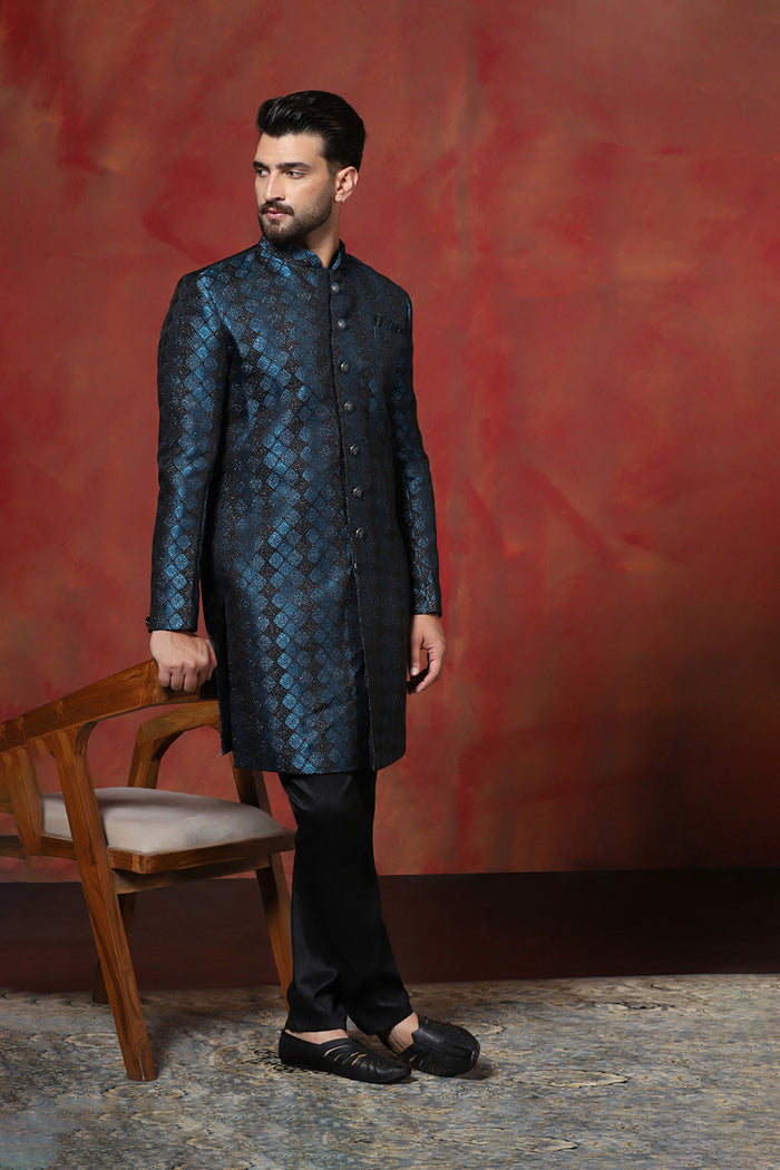 Prussian Blue Cotton Blend Printed Sherwani Set