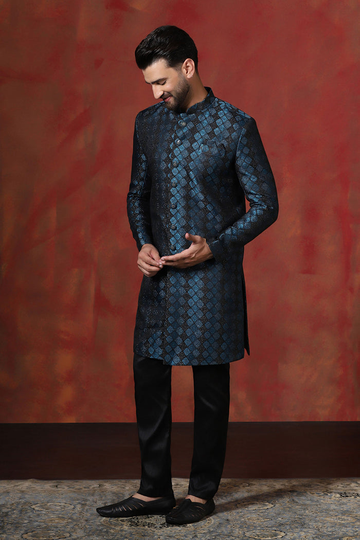 Prussian Blue Cotton Blend Printed Sherwani Set