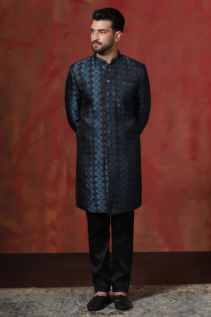 Prussian Blue Cotton Blend Printed Sherwani Set