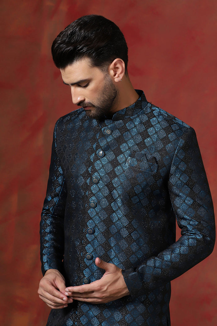 Prussian Blue Cotton Blend Printed Sherwani Set