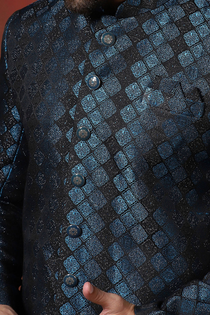 Prussian Blue Cotton Blend Printed Sherwani Set