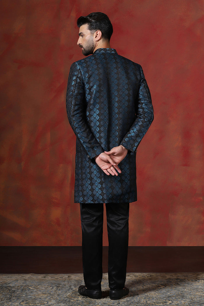 Prussian Blue Cotton Blend Printed Sherwani Set