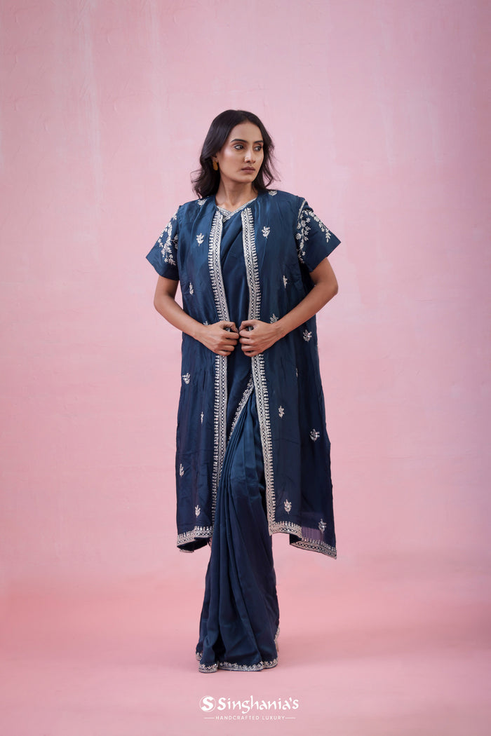 <img> Prussian Blue Organza Saree With Hand Embroidery
