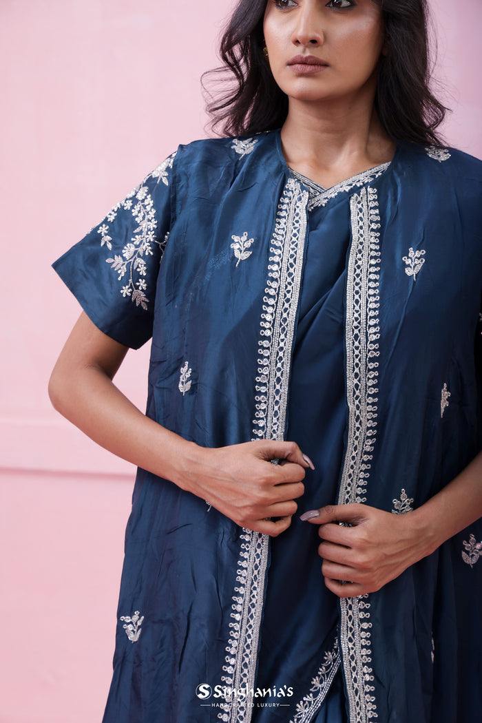 <img> Prussian Blue Organza Saree With Hand Embroidery