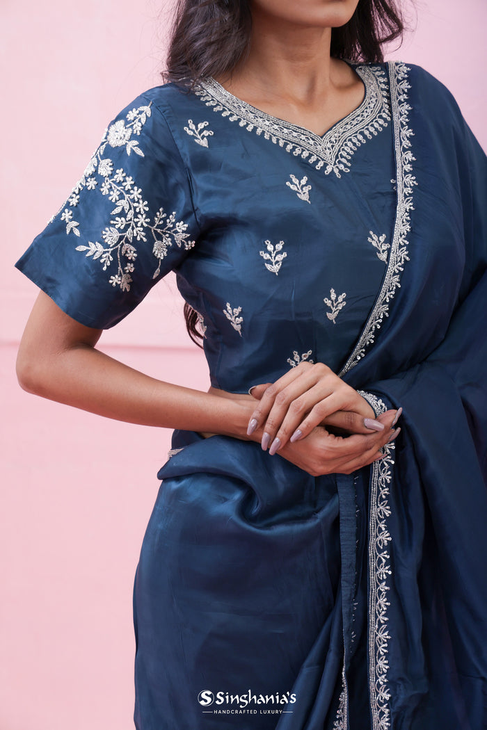 <img> Prussian Blue Organza Saree With Hand Embroidery