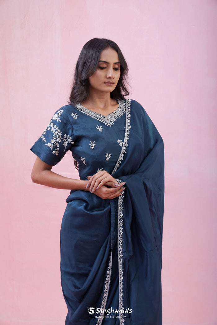<img> Prussian Blue Organza Saree With Hand Embroidery