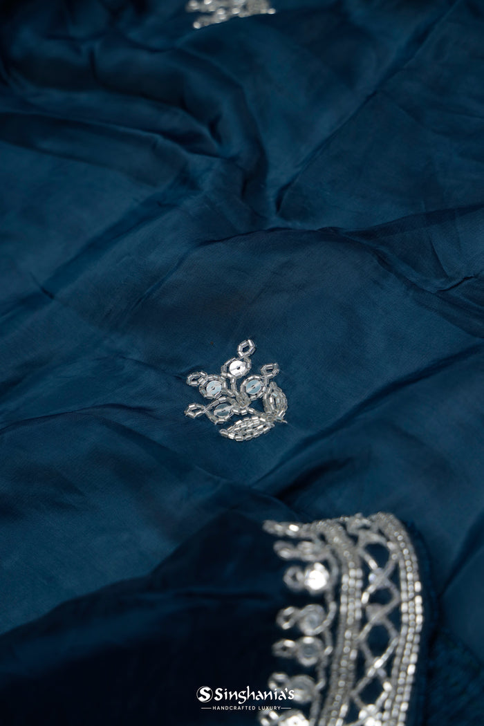 <img> Prussian Blue Organza Saree With Hand Embroidery