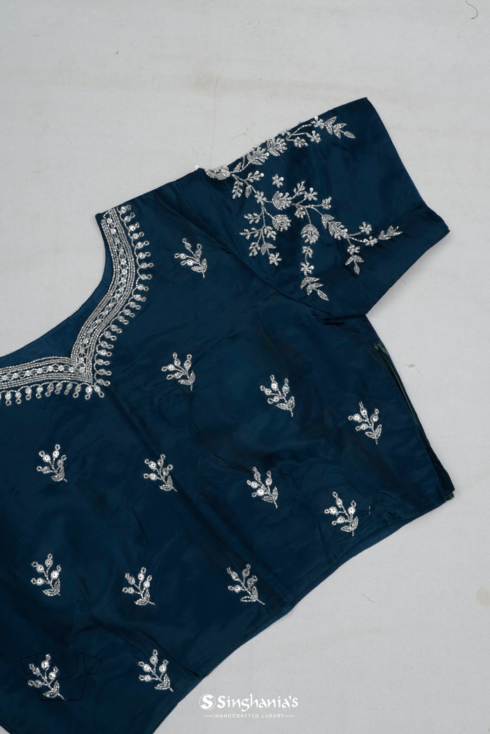 <img> Prussian Blue Organza Saree With Hand Embroidery