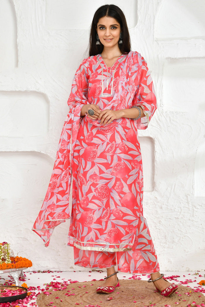 Punch Pink Chanderi Kurta Set With Floral Prints