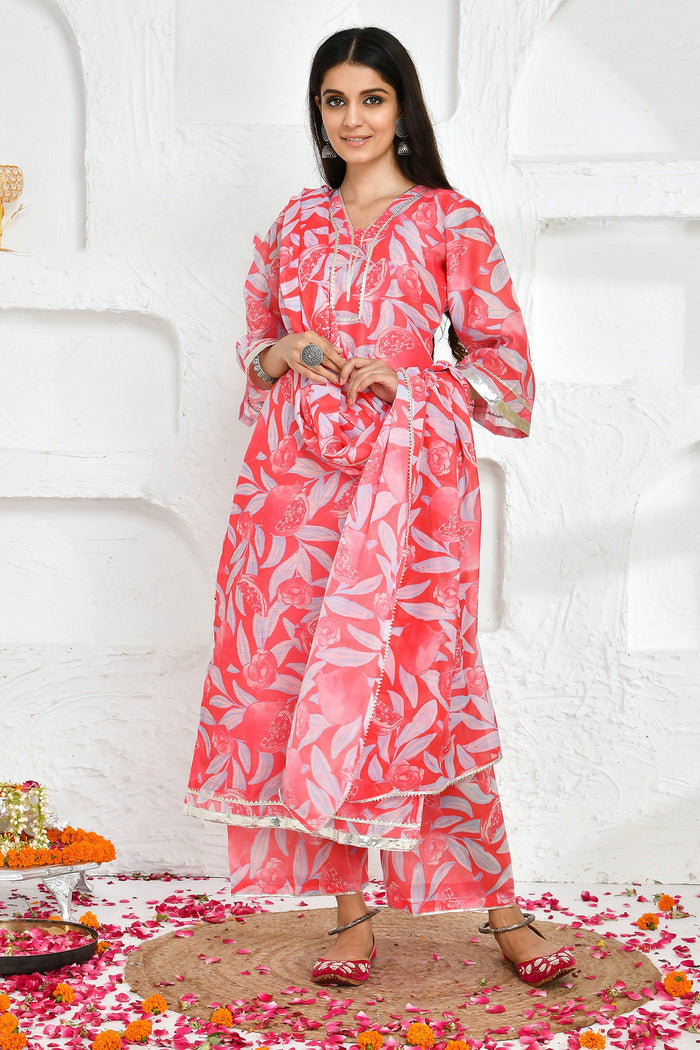 Punch Pink Chanderi Kurta Set With Floral Prints