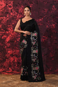 Pure Black Embroidered Floral Satin Saree