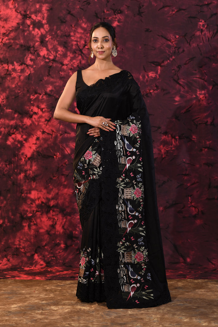 Pure Black Embroidered Floral Satin Saree