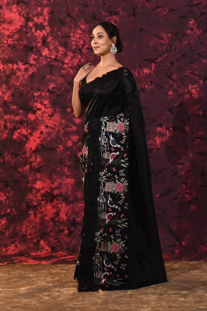 Pure Black Embroidered Floral Satin Saree