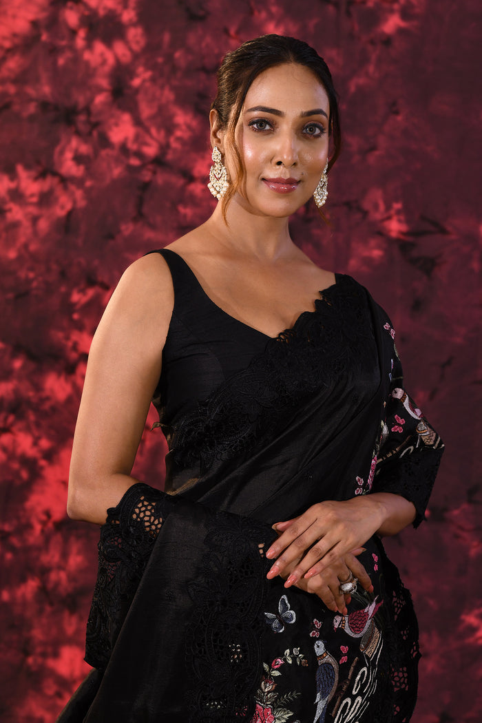 Pure Black Embroidered Floral Satin Saree