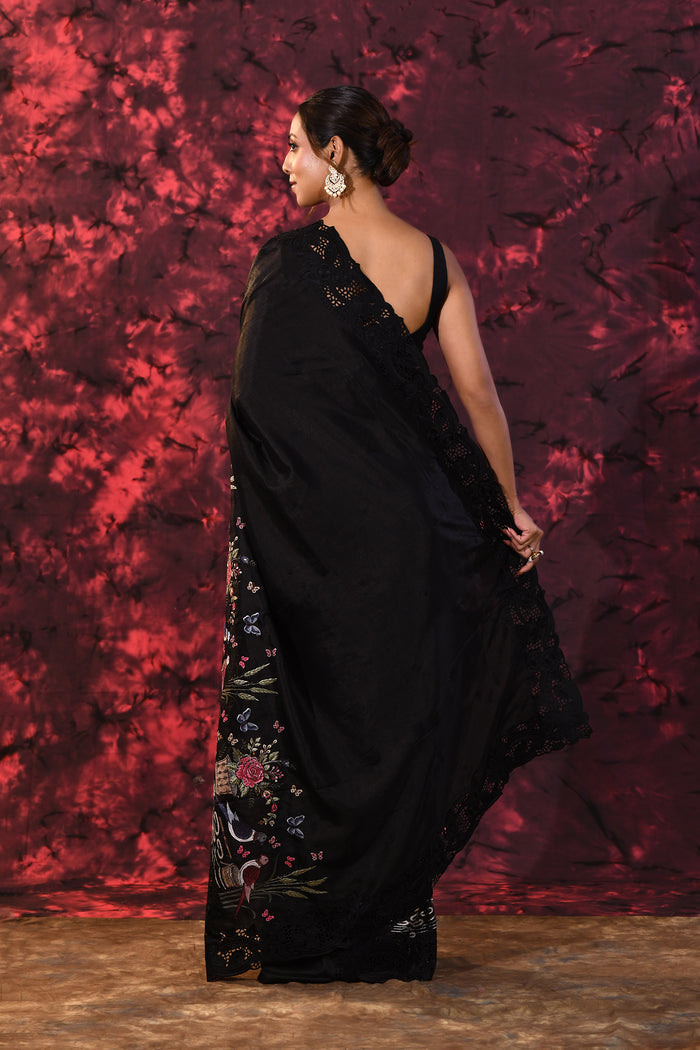 Pure Black Embroidered Floral Satin Saree