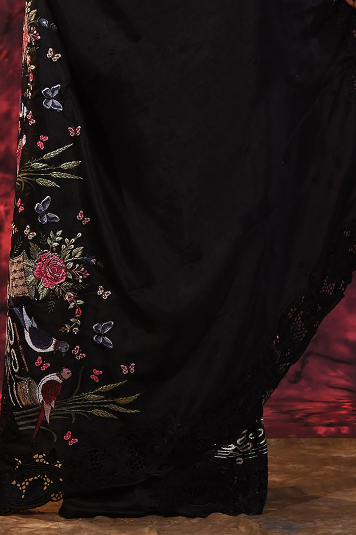 Pure Black Embroidered Floral Satin Saree