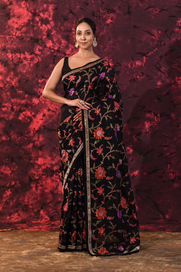 Pure Black Floral Embroidered Silk Blend Saree