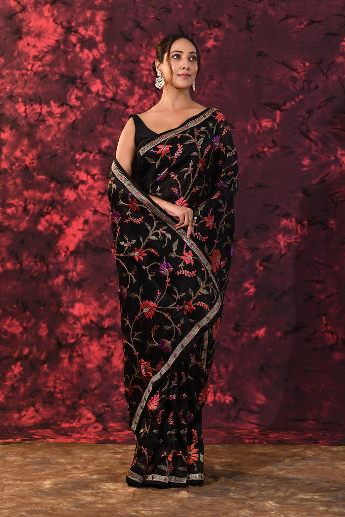 Pure Black Floral Embroidered Silk Blend Saree