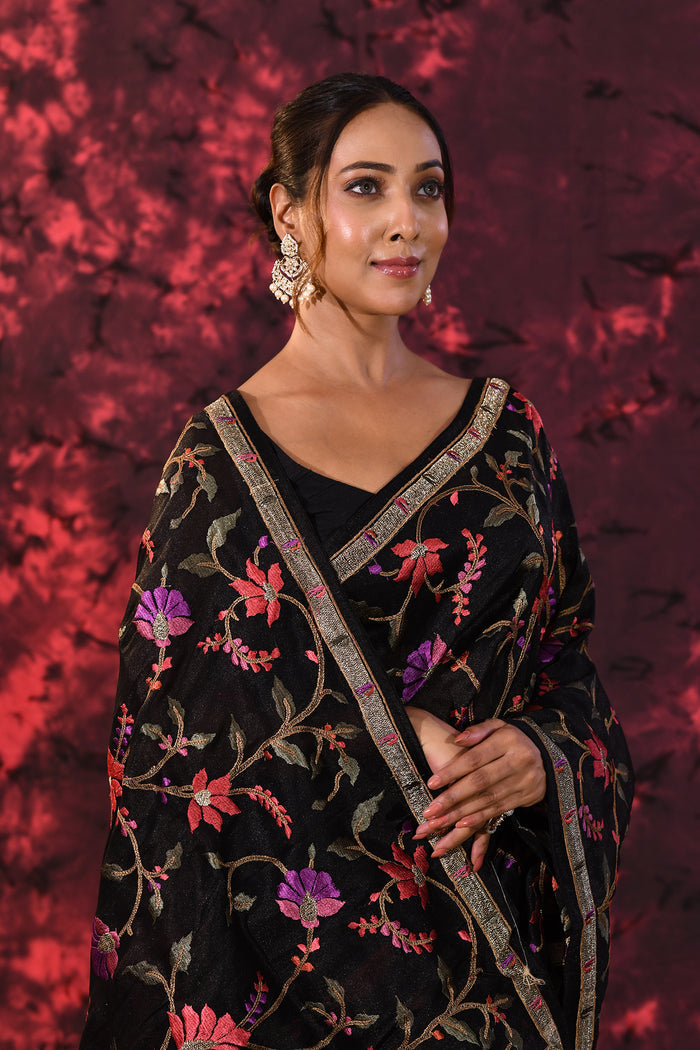Pure Black Floral Embroidered Silk Blend Saree