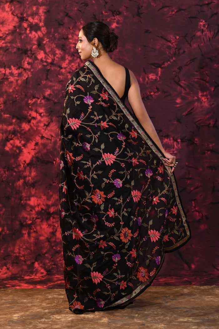 Pure Black Floral Embroidered Silk Blend Saree