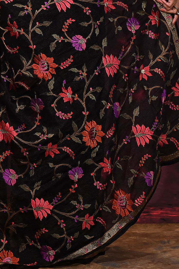 Pure Black Floral Embroidered Silk Blend Saree