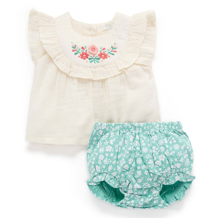 Purebaby - Organic Ruffle Top & Bloomer Set - Embroidered Floral-Sets-0-3M-Posh Baby