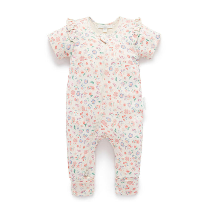 Purebaby - Organic Short Sleeve Zipper Romper - Floral-Footies + Rompers (Fashion)-Newborn-Posh Baby