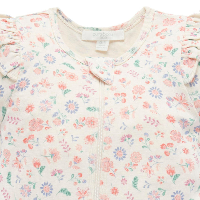Purebaby - Organic Short Sleeve Zipper Romper - Floral-Footies + Rompers (Fashion)-Newborn-Posh Baby