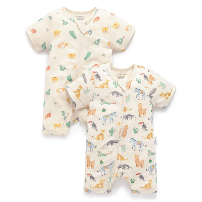 Purebaby - Organic Short Zipper Romper (2-pack) - Animal Fiesta-Footies + Rompers (Fashion)-Newborn-Posh Baby