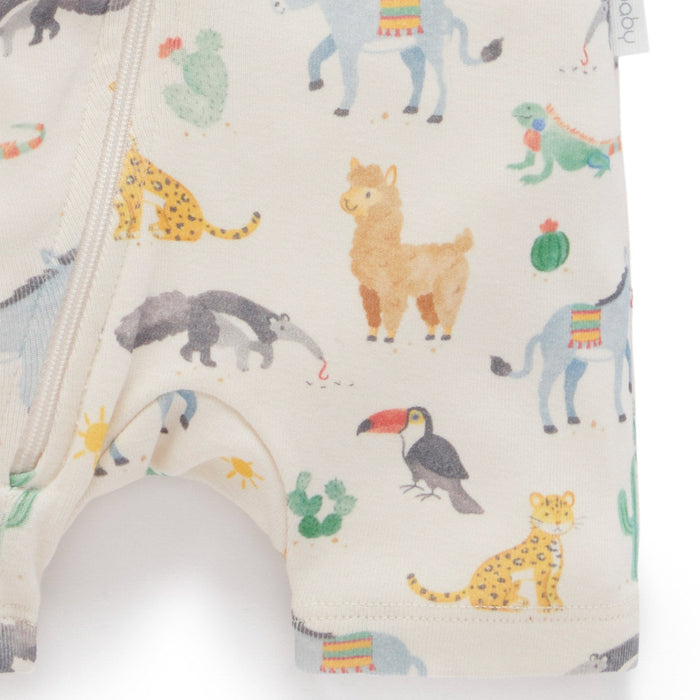 Purebaby - Organic Short Zipper Romper (2-pack) - Animal Fiesta-Footies + Rompers (Fashion)-Newborn-Posh Baby