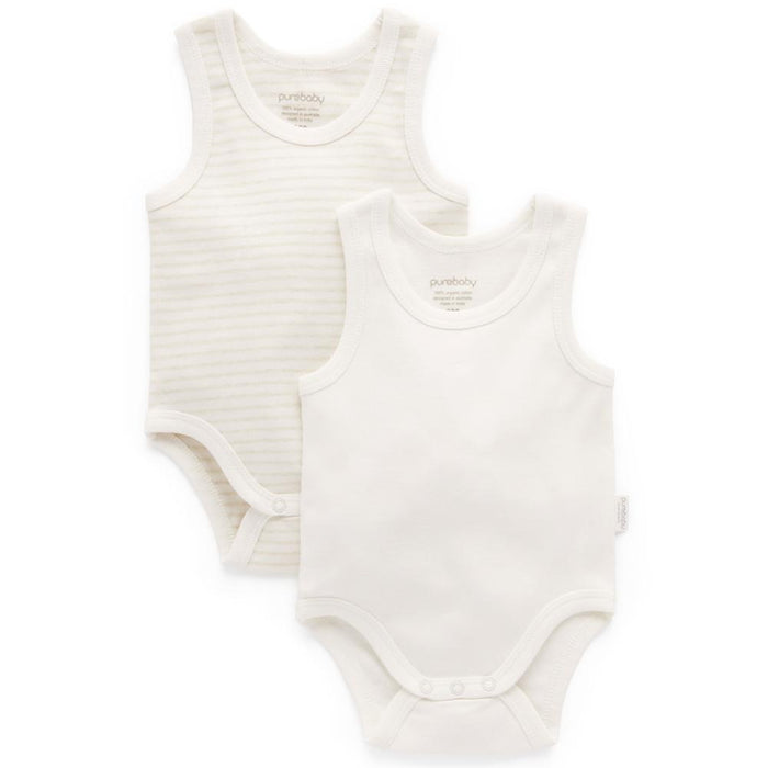 Purebaby - Organic Tank Bodysuit (2-Pack) - White & Cream Stripe-Onesies-Newborn-Posh Baby